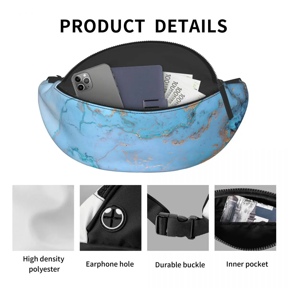 Blue Marble Fanny Pack Homens Mulheres Cool Crossbody Cintura Bag para Correr Telefone Money Pouch