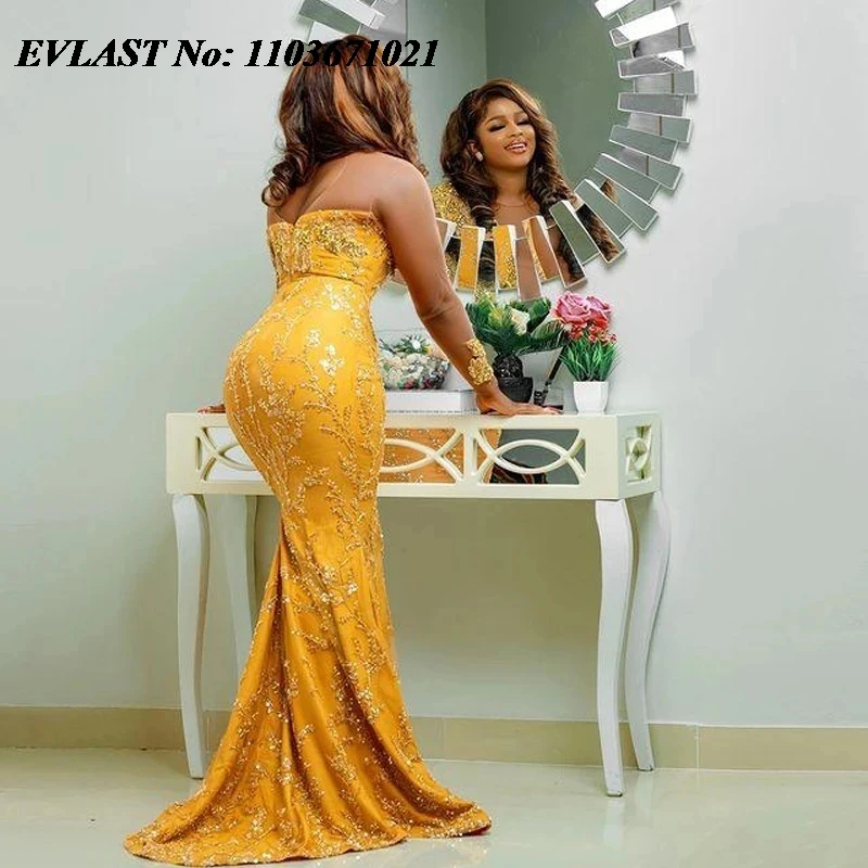 EVLAST Plus Size Gold Lace African Formal Dress Mermaid Prom Gown Aso Ebi Wedding Reception Dress Black Women Party Dress P116