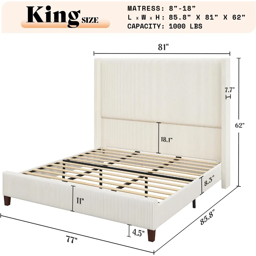 Luxurious Platform Bed with Extra Tall Wingback Headboard and Vertical Stripe, No Box Spring Needed/Solid Wood Slats & Legs