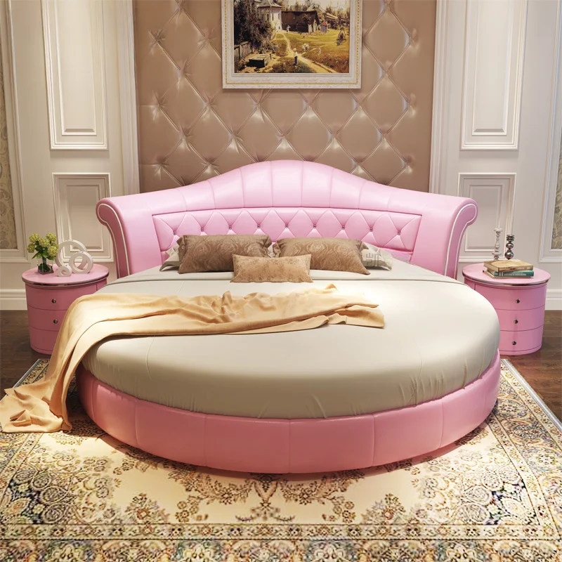 

Princess Pretty Pink Double Bed Modern King Size Comferter Round Bed Luxury Villa Camas Matrimonial Bedroom Set Furniture