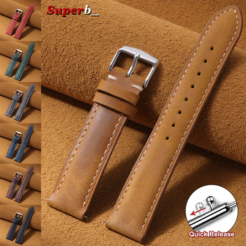 Vintage Wax Quick Release 24mm 22mm 20mm 18mm 16mm 14mm Genuine Leather Watch Bands for Men Women Top Grain Leather Watch Strap