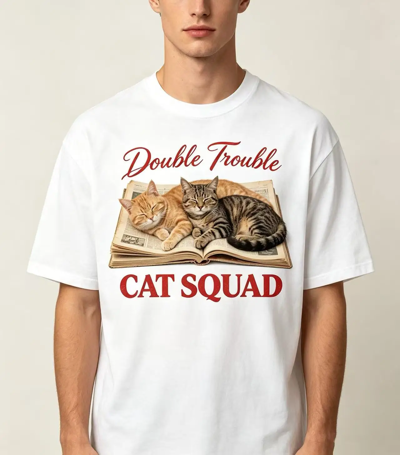 Unisex Double Trouble Cat Squad Two Sleeping Cats On Vintage Book Graphic T Shirt Men Women Cute Animal Print Oversized Crew Neck Cotton Tee view 2