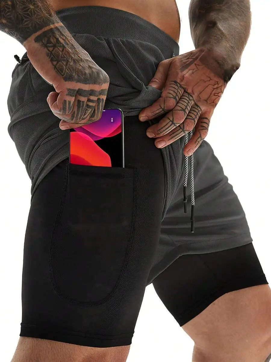 Mens 2-In-1 Running Shorts With Pocket, 7 Inch Gym Yoga Outdoor Sports Shorts