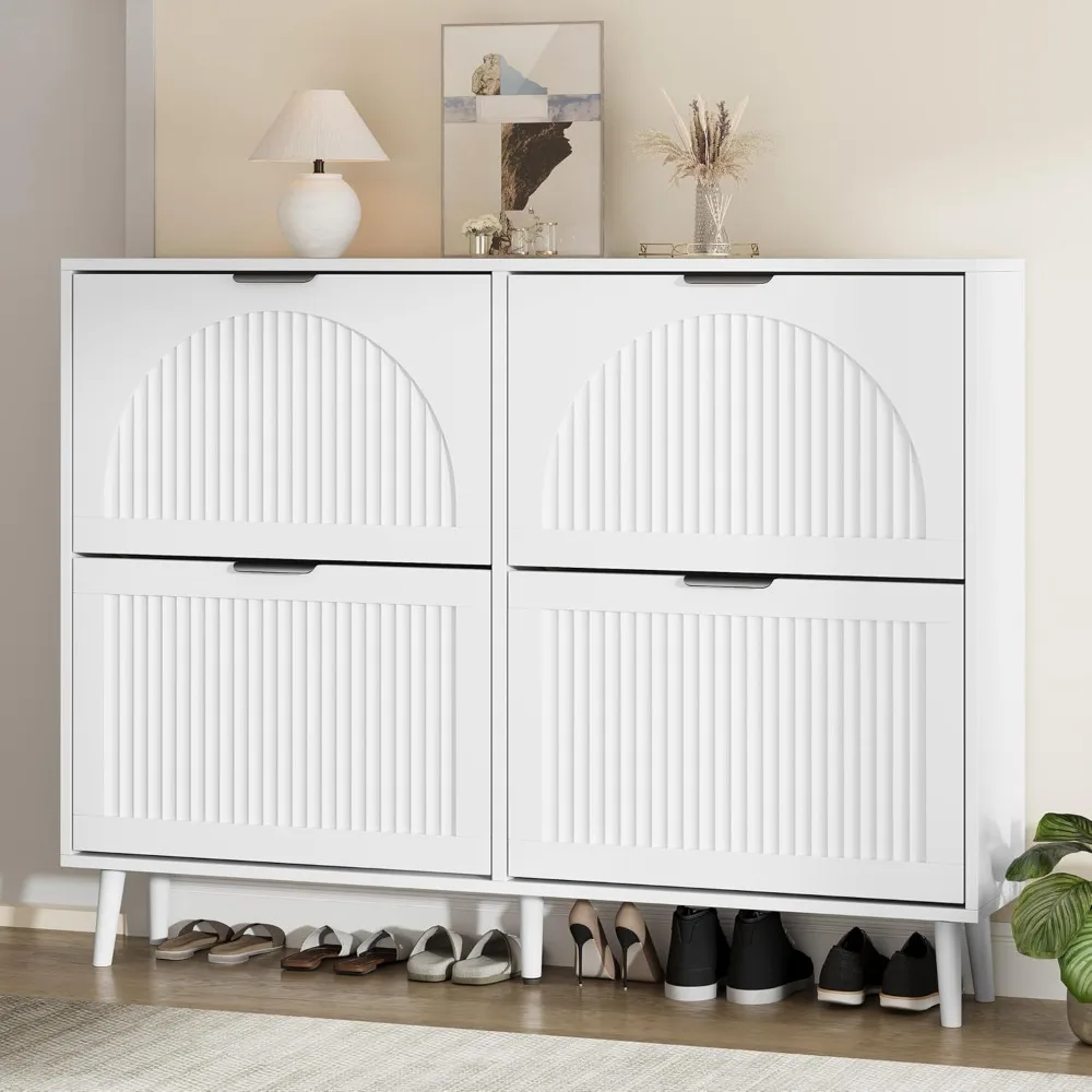 

Shoe Storage Cabinet with 4 Flip Drawers, Narrow Wood Shoe Organizer Cabinet with Fluted Panel, Slim Shoe Rack, Customized