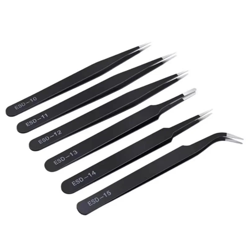 6Pcs ESD Anti-static Tweezers Set, Stainless Steel Precision Tweezers for Electronics, Repair, Craft Work