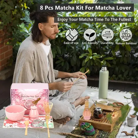 Japanese Matcha Tea Set with Ceramic Chawan Bowl & Bamboo Chasen Whisk Complete Ceremonial Thanksgiving Gift for Tea Lovers