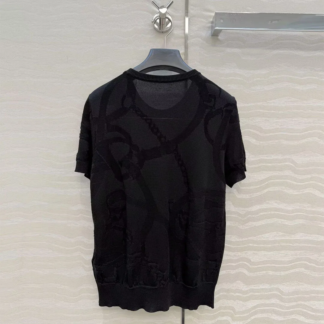 2026 New Spring Summer Cotton Blends Knitted Tops Women O-neck Short Sleeve Solid Color Jacquard Embroidery Casual T-shirt