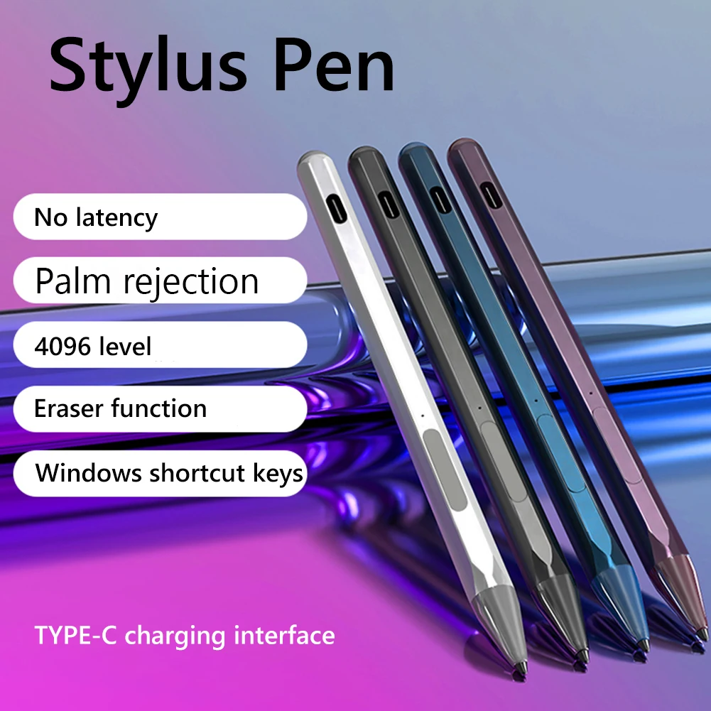 Capacitive Stylus Pen 4096 Pressure Sensitive Active Pen Type-C Rechargeable with 3 Pen Tips for Microsoft Surface Pro 9/8/7/6/5