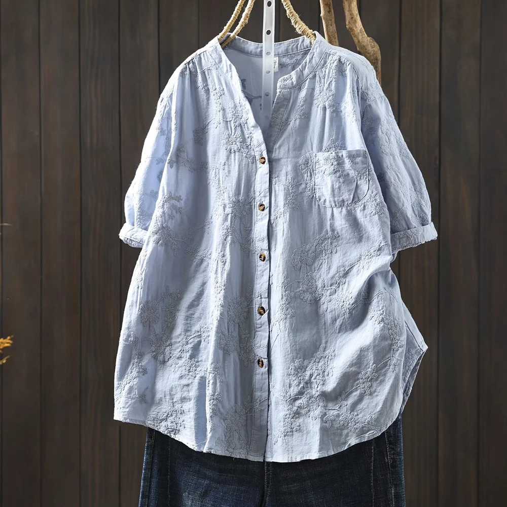 

Elegant women shirts 100% cotton v neck blue white beige black lace embroider shirts and blouse for women short sleeve tops