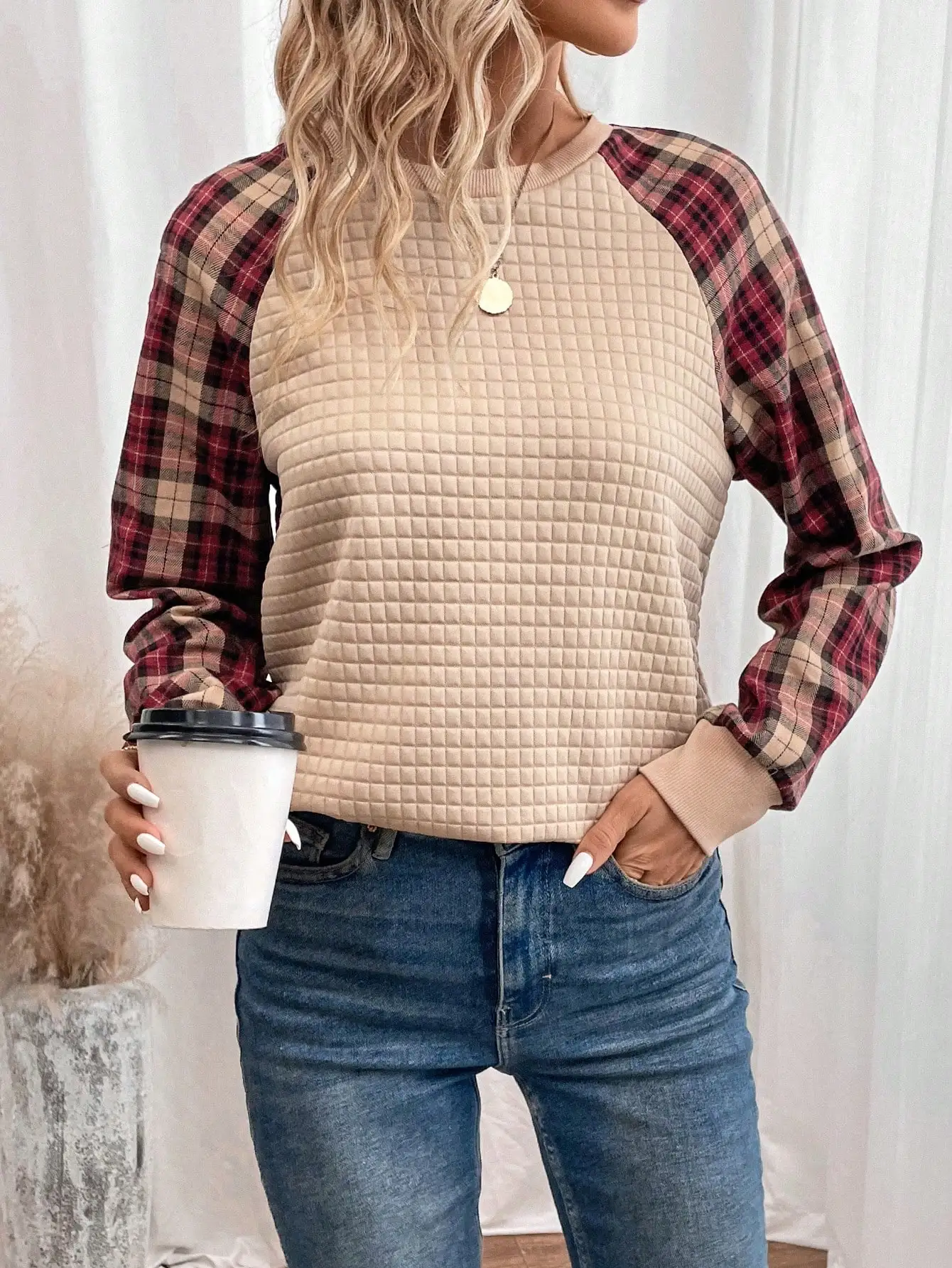 เสื้อสเวตเชิ้ตแขนแรกลันลายสก๊อตสำหรับผู้หญิง เสื้อลำลองฤดูใบไม้ร่วงฤดูหนาว