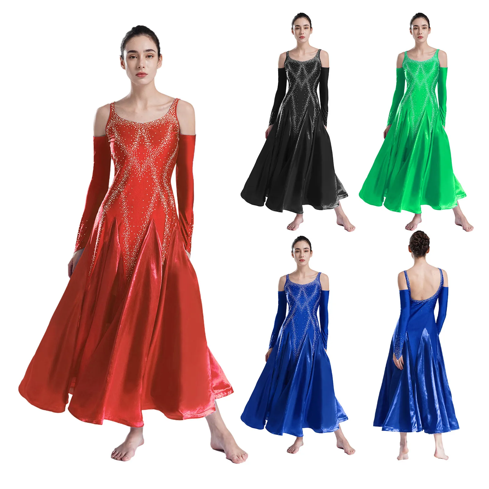 Womens Rhinestones Ballroom Dancing Dress Professional Dancer Modern Waltz Tango Practice Competition Stage Performance Dress