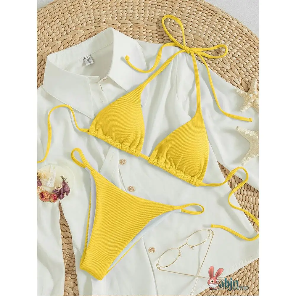 

2023 New Sle Single oulder Bikini Pure Color Two Piece Swimsuit Women Soft Padded Steel Support Sexy Exposure Fitn
