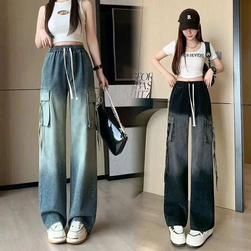 

New Women's Jeans Spring Summer, Lace-up, Elastic waist, Gradient color Loose Wide-leg Work Jeans, Female Straight-leg Trousers