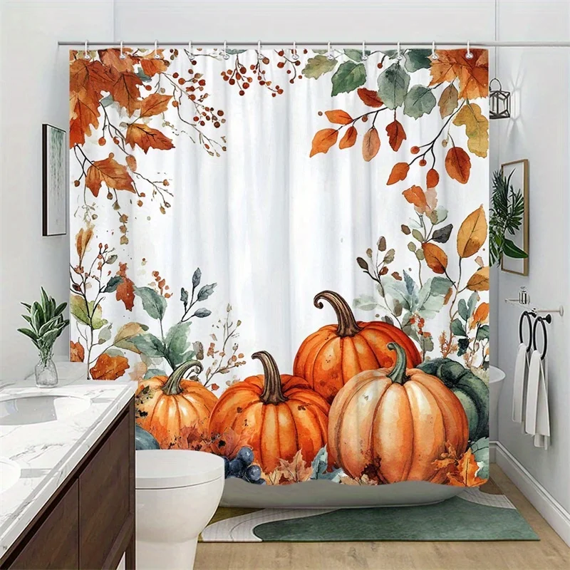 Autumn Pumpkin Scene Shower Curtain - Watercolor Rustic Design with Red Berries, Colorful Leaves & White Background
