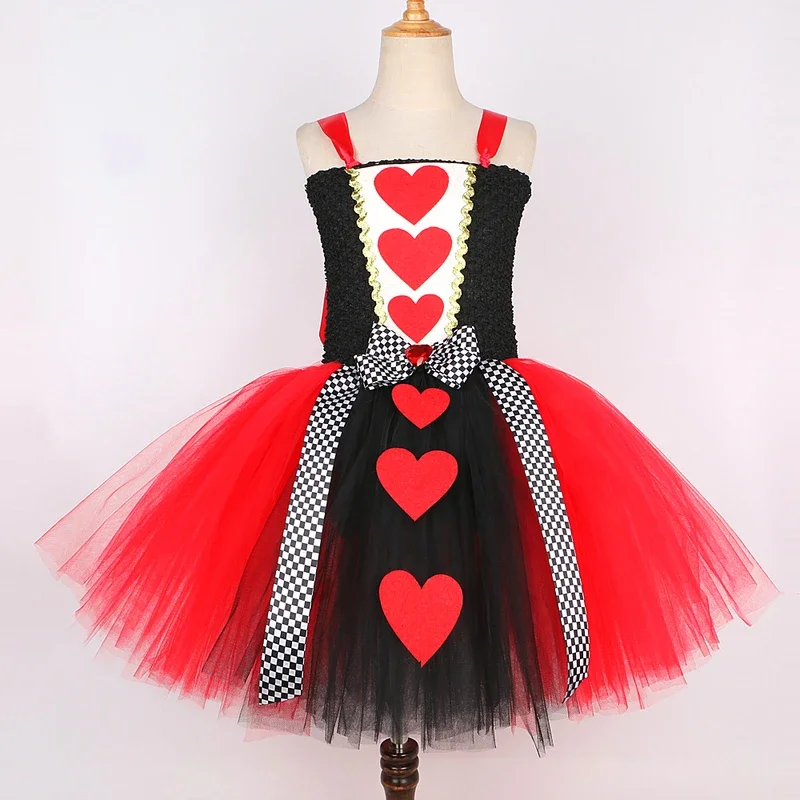 HN8 Red Queen of Hearts Costumes for Girls Alice Fancy Lined Tutu Dress Kids Halloween Christmas Party Outfit with Crown Mag)4Dc
