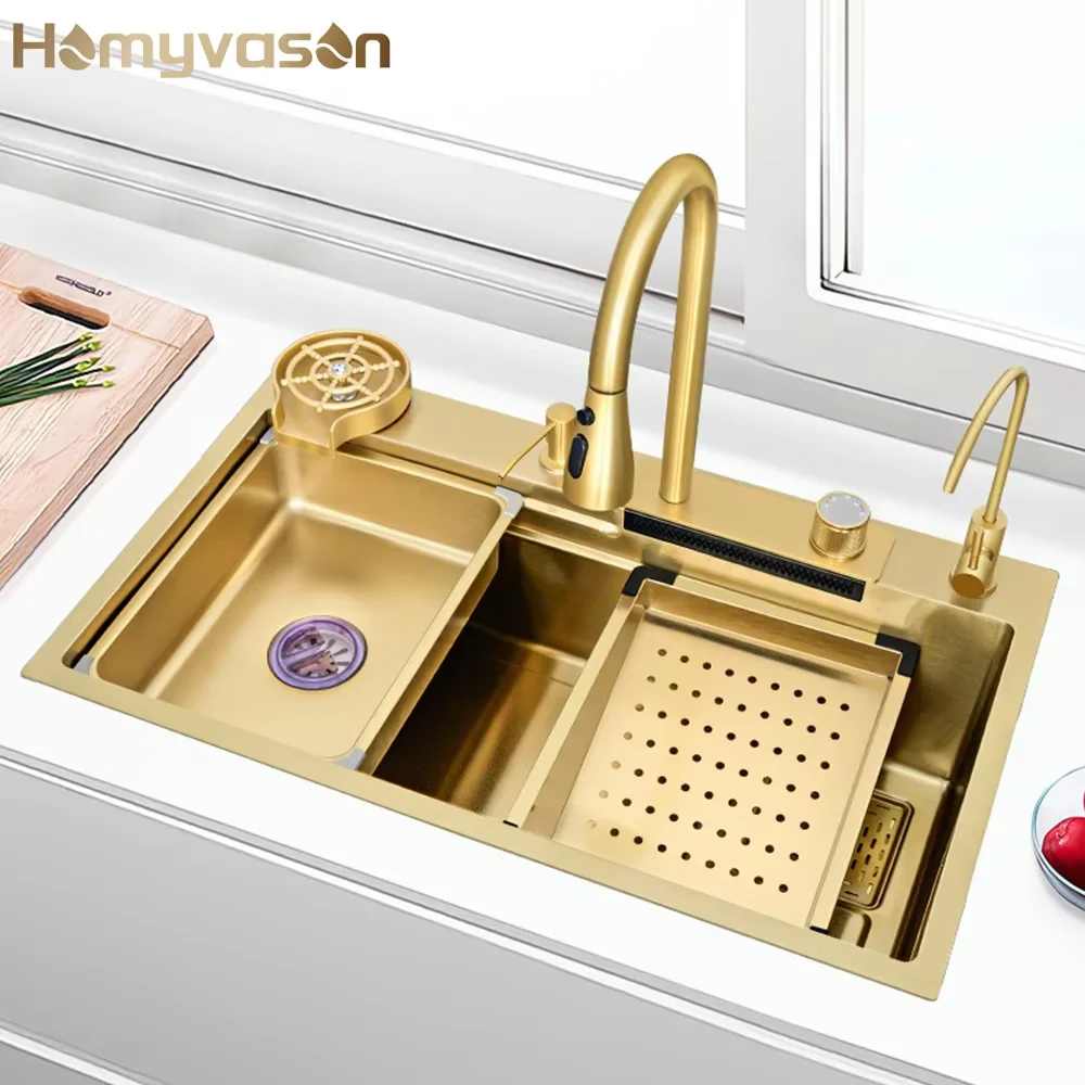 

Stream Multifunctional Smart Waterfall Faucets Deep 304 Stainless Steel Brushed Gold Kitchen Sinks With Cup Washer