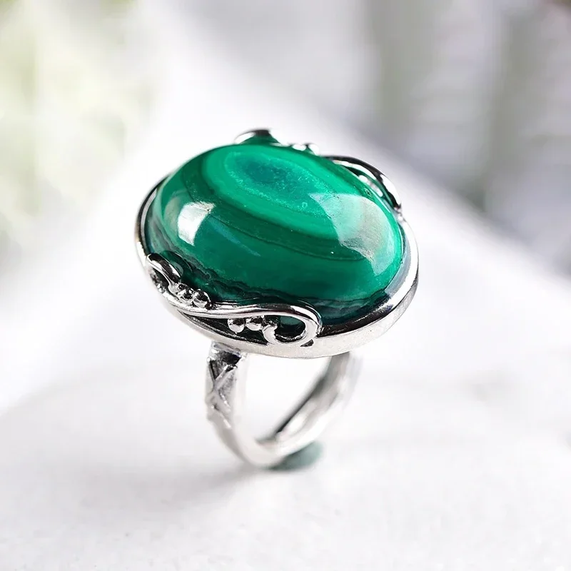 

925 Silver Fine Malachite Natural Stone Ring Stone Adjustable Beautiful Simple Women Men Gift Elegance Crystal Ring Jewelry