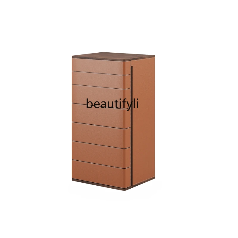 

Italian Style Light Luxury Minimalist Walnut Color Side Cabinet Designer Saddle Leather Storage Hallway Chest of Drawers