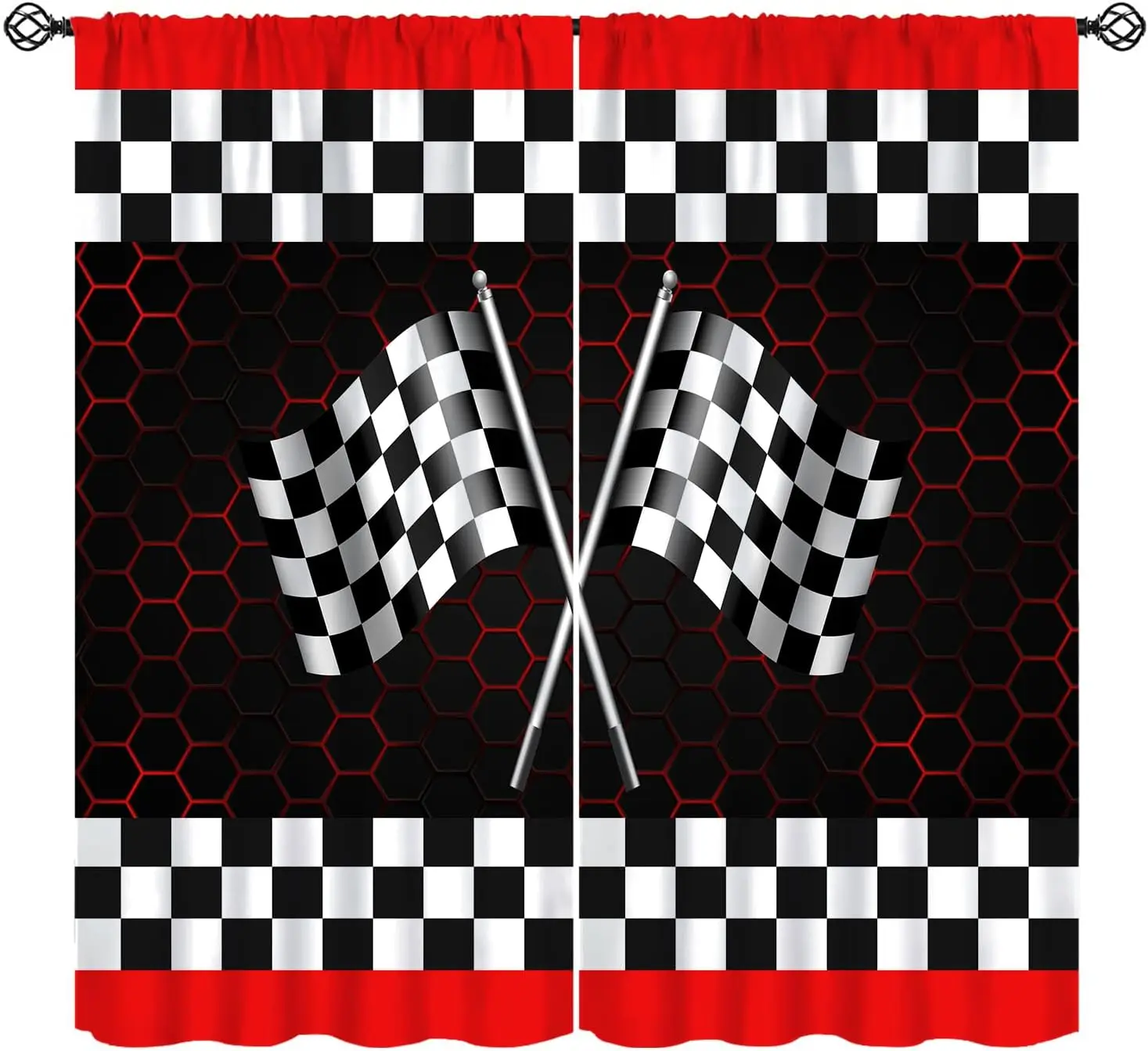 Motor Racing Flag Theme Curtain 2 Panels Crossed Race Flags Check Border Modern Teen Living Room Speed Sport Home Curtains
