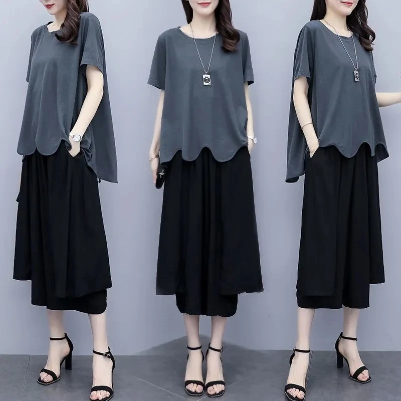 Свободный женский костюм больших размеров, новинка лета 2025, женский модный толстый асимметричный наряд, темпераментные широкие брюки, комплект из двух предметов