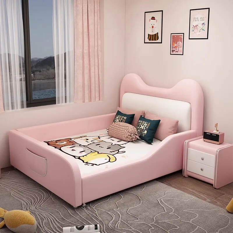 Bed Girl Princess Bed Creative Cat Cartoon Bed Simple with Guardrail Beige Internet-famous Single Bed Solid Wood