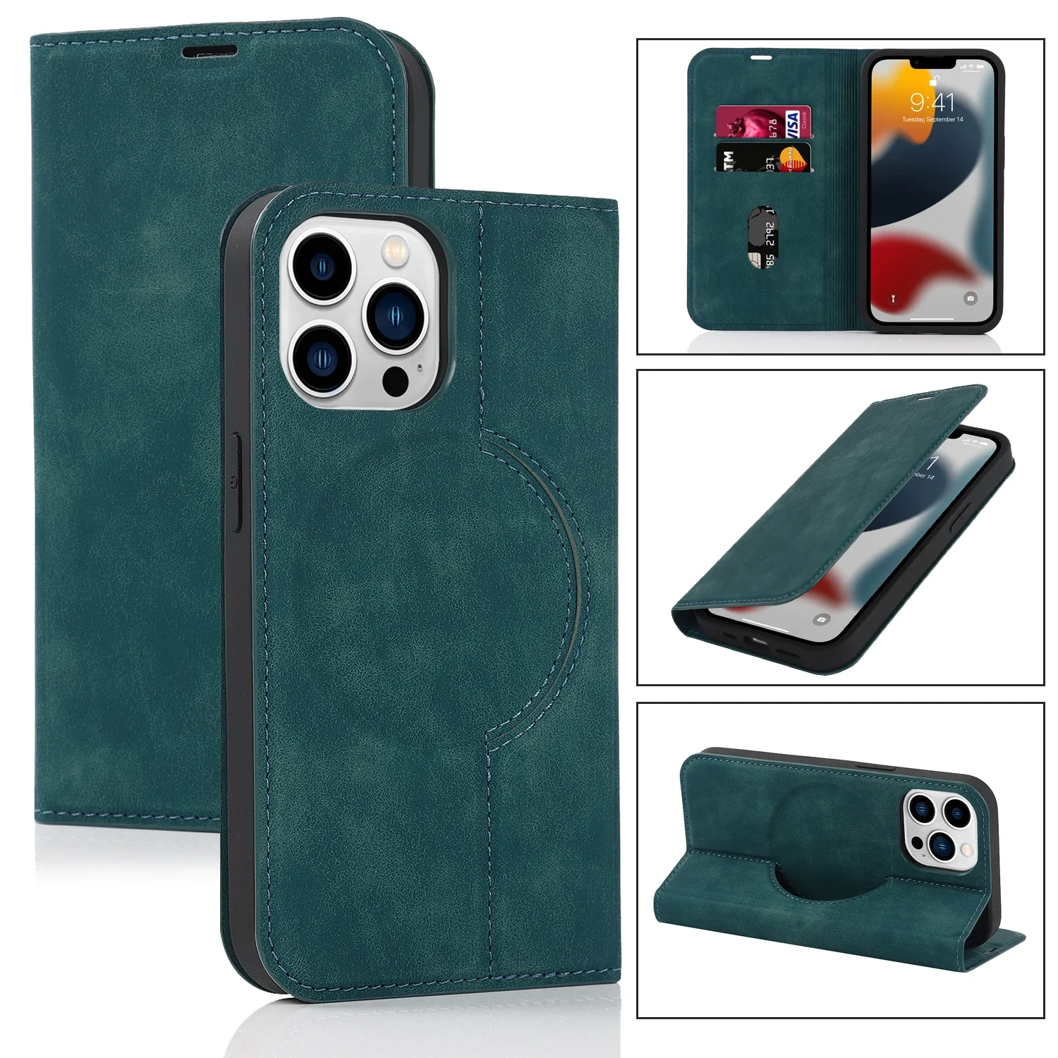 HQBBRO Magnetische Leder-Geldbörsen-Telefonabdeckung für iPhone 16 Pro Max 14 Plus 13 15 12 für Magsafe Wireless Charging Stand Card Solt Case 5