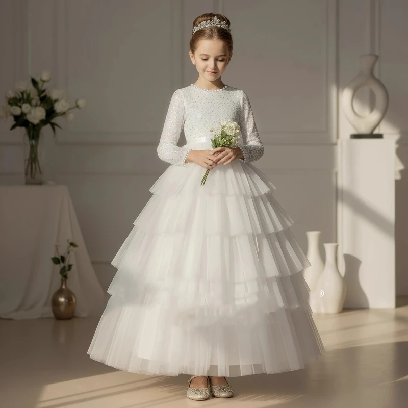 Dresses Girls White Kids Cake Skirt Girl Birthday Princess Children  Performance Gown Formal Party Celebration Costume Spring