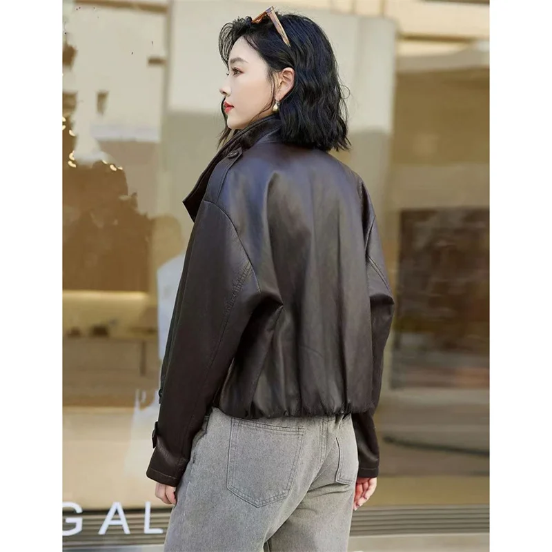 Kurtka skórzana damska na wiosnę i jesień 2026, luksusowa, codzienna, krótka kurtka motocyklowa, koreański styl, luźna, miękka kurtka z PU.