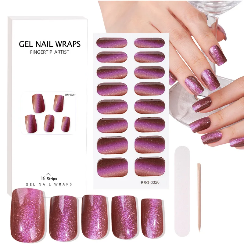 16 Sticker Semi Cured Gel Nail Polish Strips Gel Full Wraps Strips Gel Nail Stickers UV/LED Lamp Required Nail Wrap