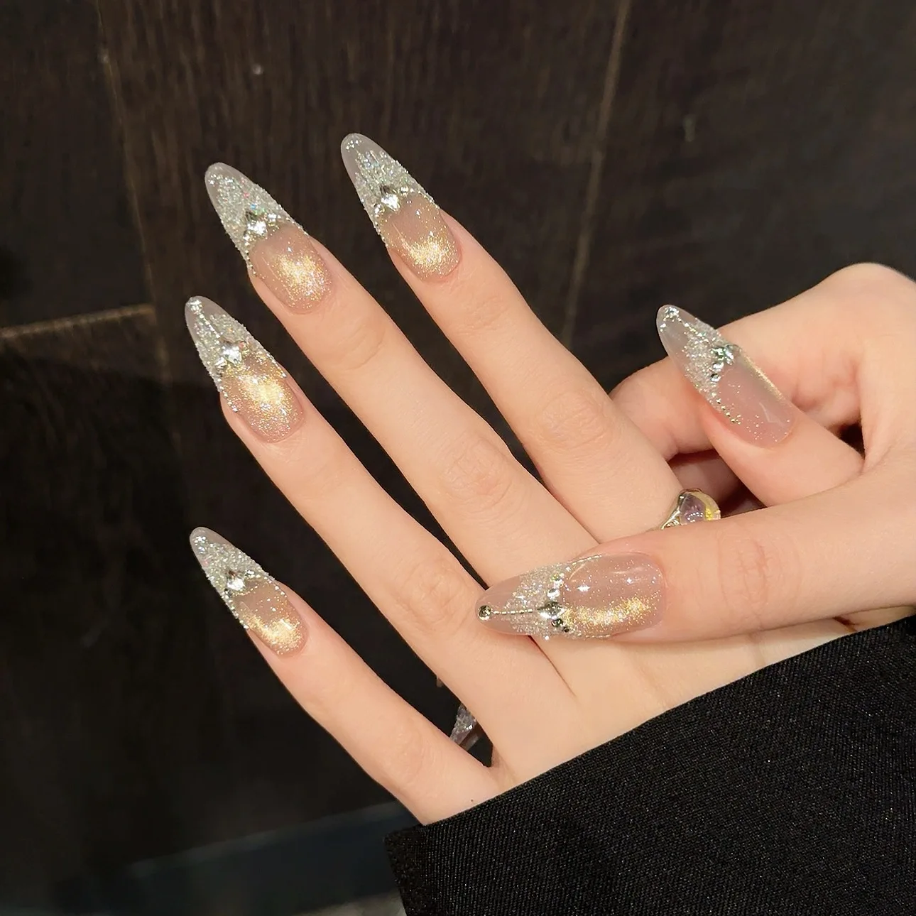 Handmade Press on Nails Glitter Diamond Design Fake Nails Heavy Metal Aurora French Cat Eye Almond Shaped False Nail Patches