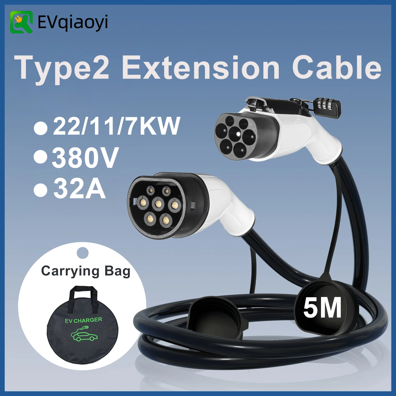 Typ2 Verlängerungskabel 32A 22KW 3P Kabel mit Diebstahlsicherung zur Verlängerung der Ladeentfernung von Typ2-Ladegeräten