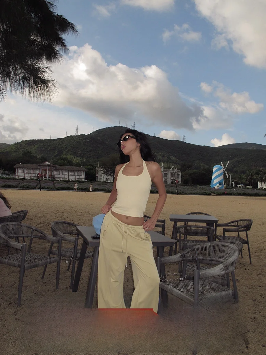 

Женские летние повседневные брюки GOGOBURN с высокой талией, желтые, универсальные, свободные, широкие, длинные, в стиле Lazy Sle