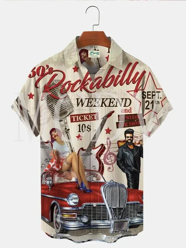 

60s Retro Casual Men's for women Hawaiian Rockabilly Shirt Oversized Stretch Music Car Aloha Shirts