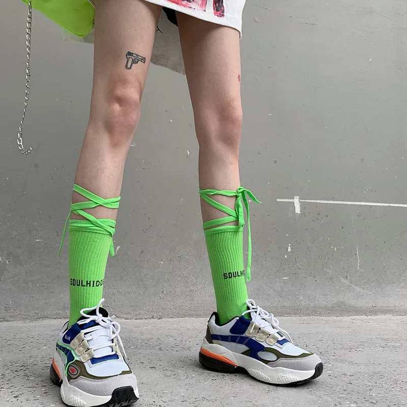 

Japanese Fluorescent Yellow Strap Cross Socks Women Bow Ribbon Socks