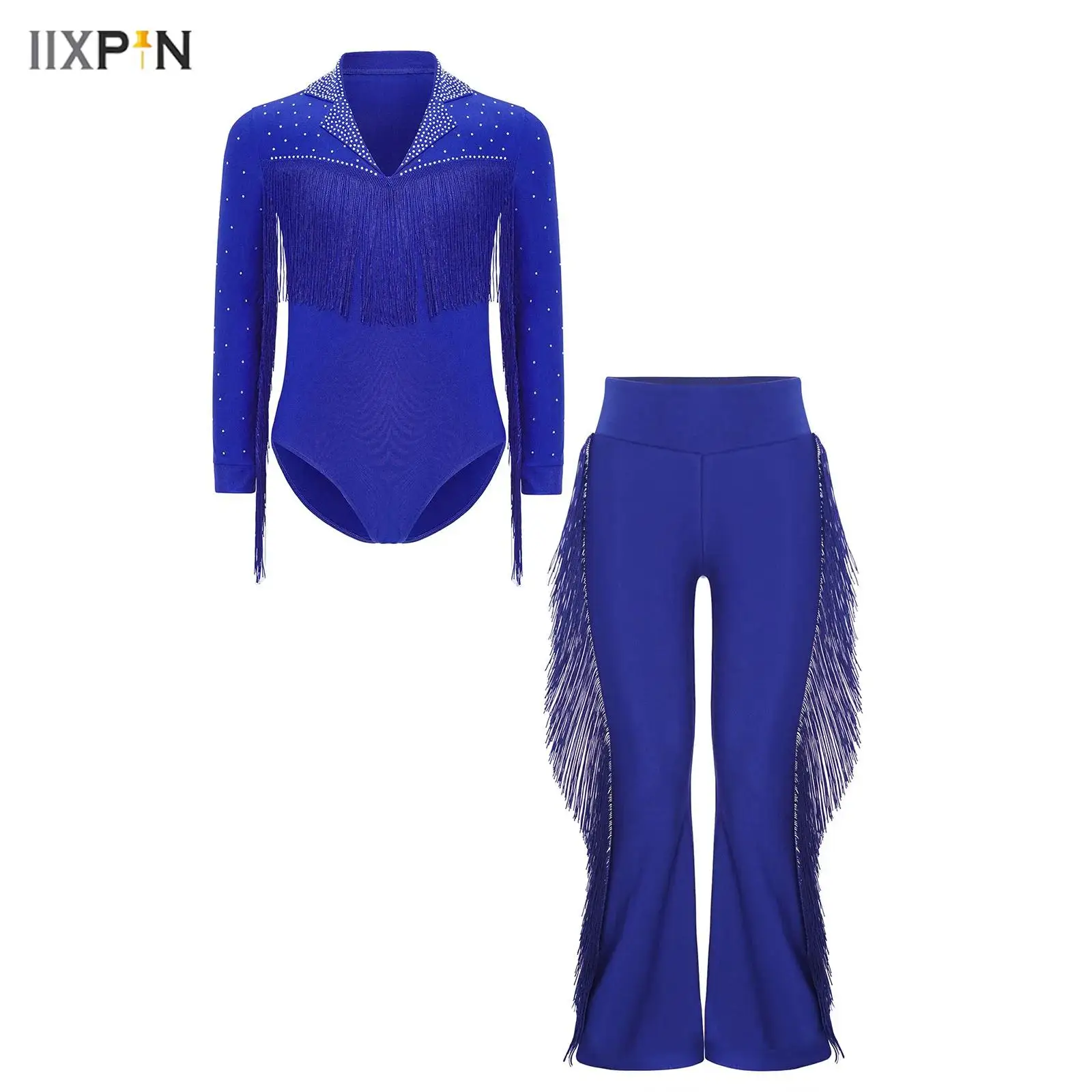 

Kids Boys Latin Dance Outfit Long Sleeve Shiny Rhinestones Tassel Leotard Fringe Bell-Bottom Pants for Gymnastics Competition