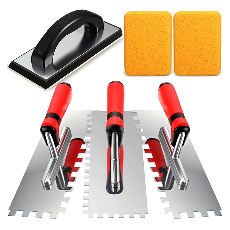 

N82R Complete 6Pcs Tile Setting Tool Set Including Square Trowel And Rubber Grout Float For Flooring And Wall Installation