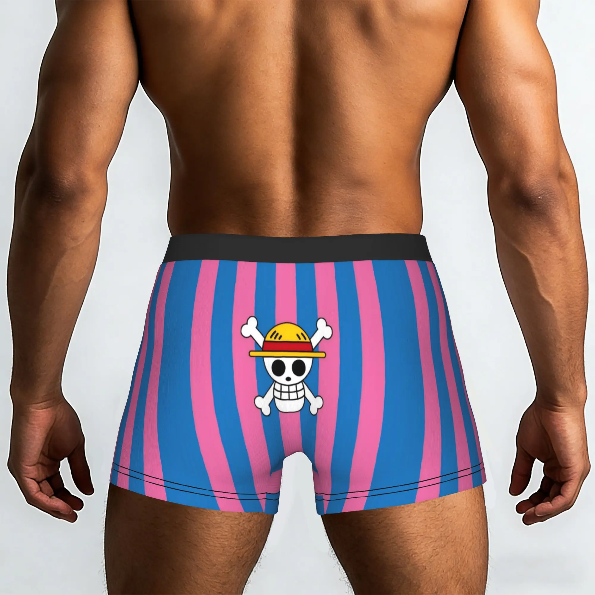 Pink Blue Striped Straw Hat Pirates Symbol One Piece Underpants Homme Panties Man Underwear Print Shorts Boxer Briefs
