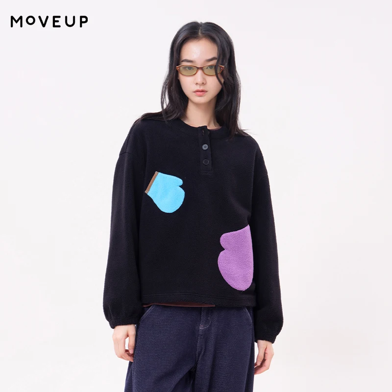 MOVEUP Women's Cropped Sweatshirt FUN Series Henley Neck Palm Patch Pocket Fleece Pullover 2026 Winter Casual Clothing 3ELD11439