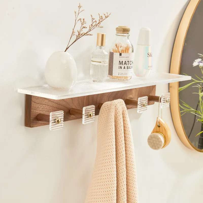 Walnut wood storage table in the bathroom, acrylic towel hooks in the bathroom, foyer, washbasin mirror, front shelf without pun