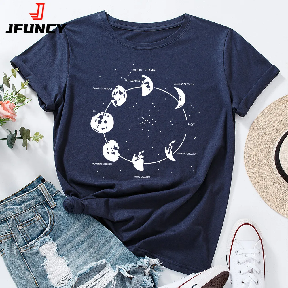 JFUNCY Oversize bluzki damskie zabawny nadruk z księżycem graficzny Tshirt koszule damskie letni dorywczo z krótkim rękawem bluzka w stylu Basic Cotton T-shirt