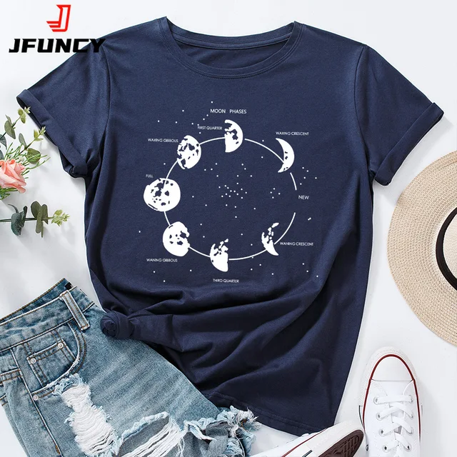 JFUNCY Oversize bluzki damskie zabawny nadruk z księżycem graficzny Tshirt koszule damskie letni dorywczo z krótkim rękawem bluzka w stylu Basic Cotton T-shirt