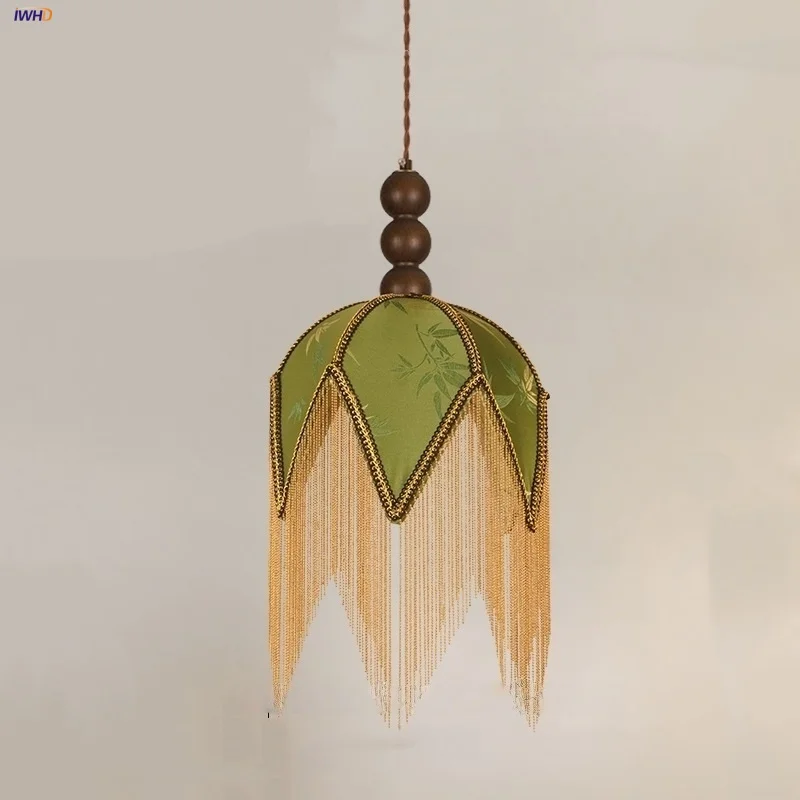 

IWHD French Vintage LED Pendant Lights Bedroom Living Room Decor Iron Tassel Wood Ball Retro Green Cloth Hanging Lamp Lamparas