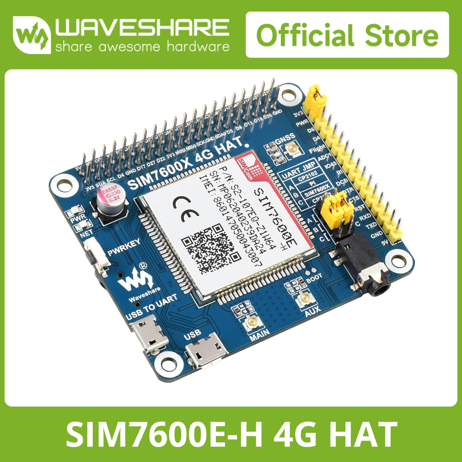 Waveshare SIM7600E-H 4G HAT for Raspberry Pi 5/4B/3B/Zero, Raspberry Pi LTE Cat-4 4G,GNSS,Europe,Southeast Asia,West Asia,Africa