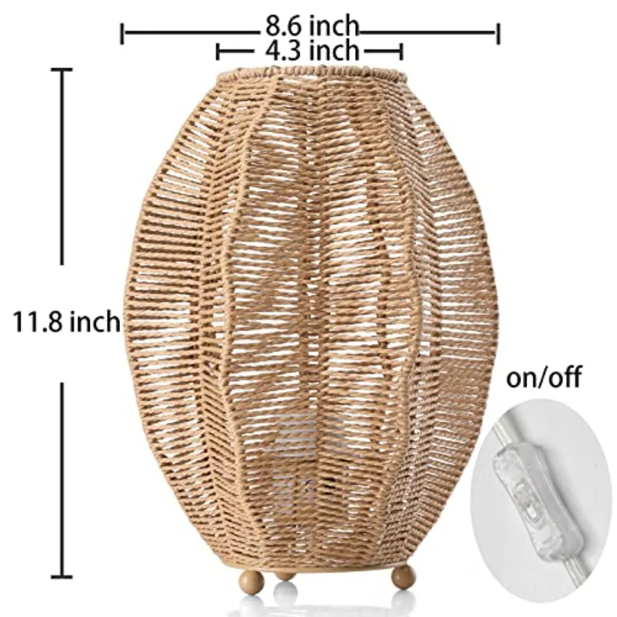 Rattan Woven Side Table Lamp for Bedroom Living Room, Boho Coastal Lamp Farmhouse Nightstand Lamp Tripod Desk Lamps Mid Century