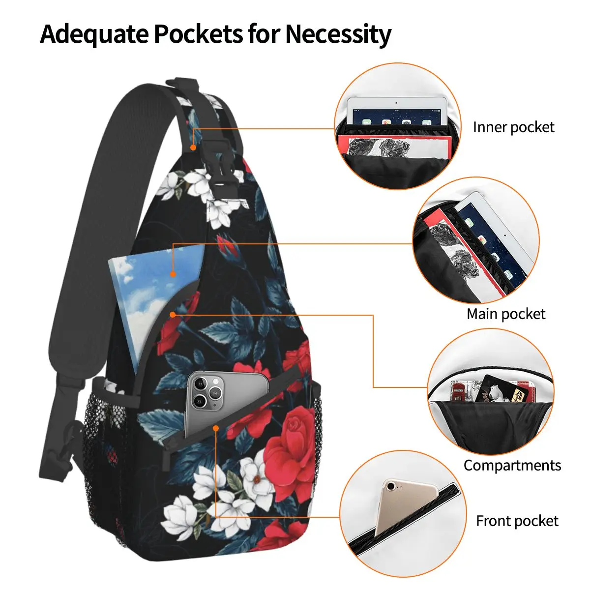 Red Rose Flowers Crossbody Sling Bags Cool Chest Bag Heart Floral Shoulder Backpack Daypack for Hiking Outdoor Travel Satchel