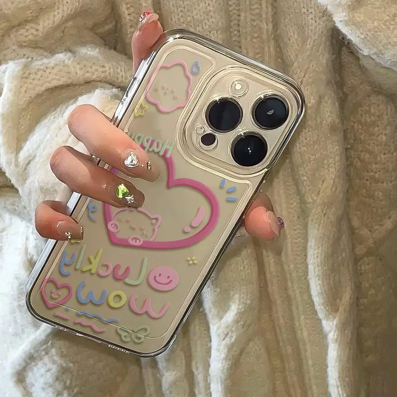 NEW Colorful Love Pink Girl Phone Case For iPhone 15 14 13 12 11 Pro Max XR XS MAX 7 8 Plus Happy Lucky Y2K Soft Anti Fall Cover