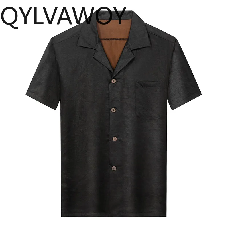 QYLVAWOY 100% Real Mulberry Silk Men's Shirts Short Sleeve Shirts for Man Xiangyunsha Tops Casual Black Shirt Menswear Clothing