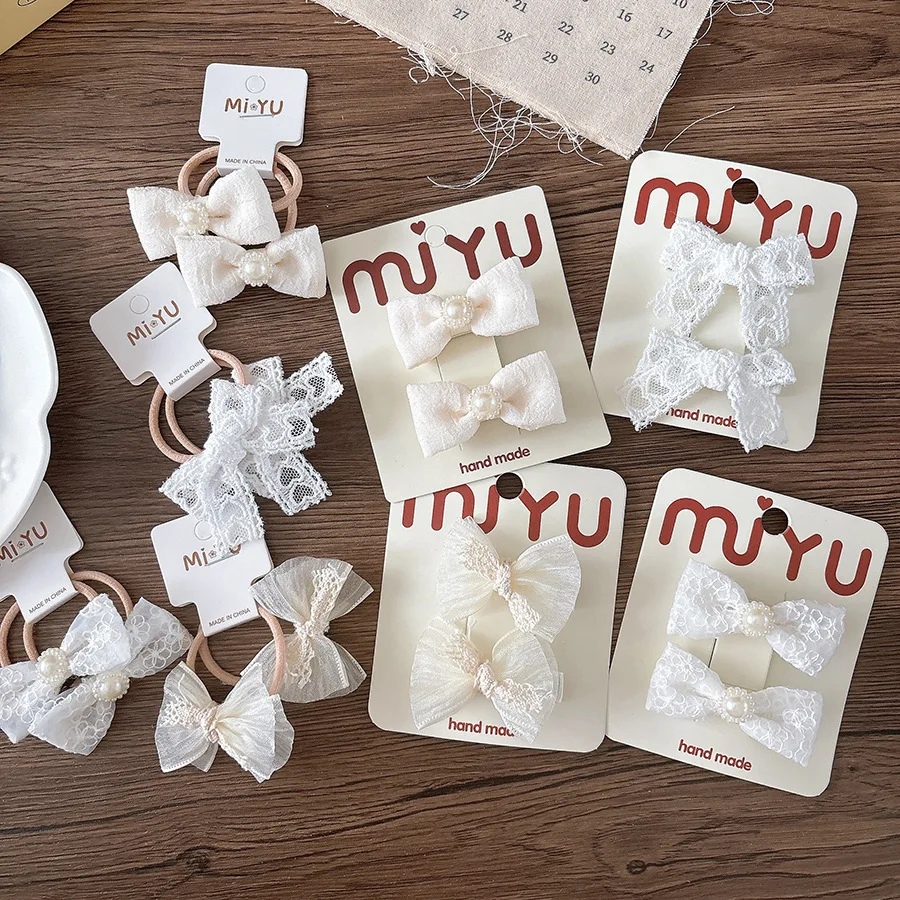 

Beige Lace Bow Barrettes for Little Girls Fairy Side Clip and Elastic Ponytail Rope Sweet Versatile Non Slip Daily Wear