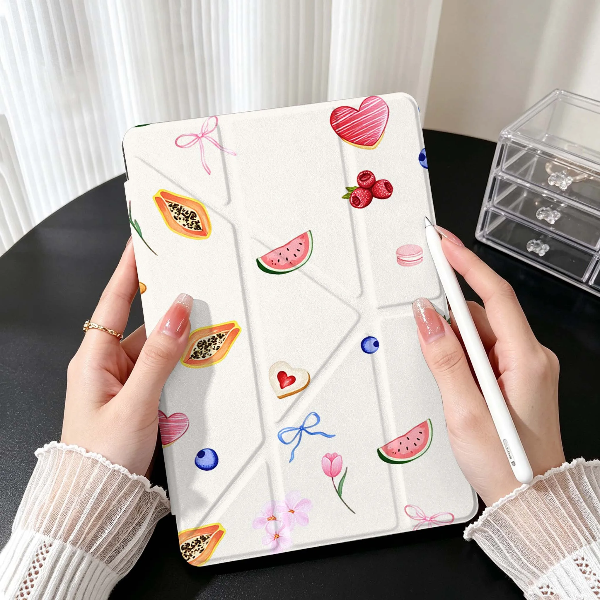 Fresh Fruit Leaf Pattern For Samsung Galaxy Tab A9 A8 A11 S6 S7 S8 S9 S10 FE Plus Lite Transparent Y-Shaped Folding Tablet Case