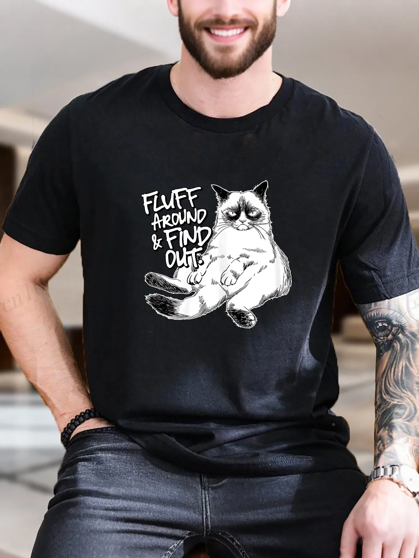 

New Arrival Fashion Men's Cat Print Cotton T-Shirt Trendy Streetwear Tee with'Hate Around the Fur' Slogan 100% Breathable Soft